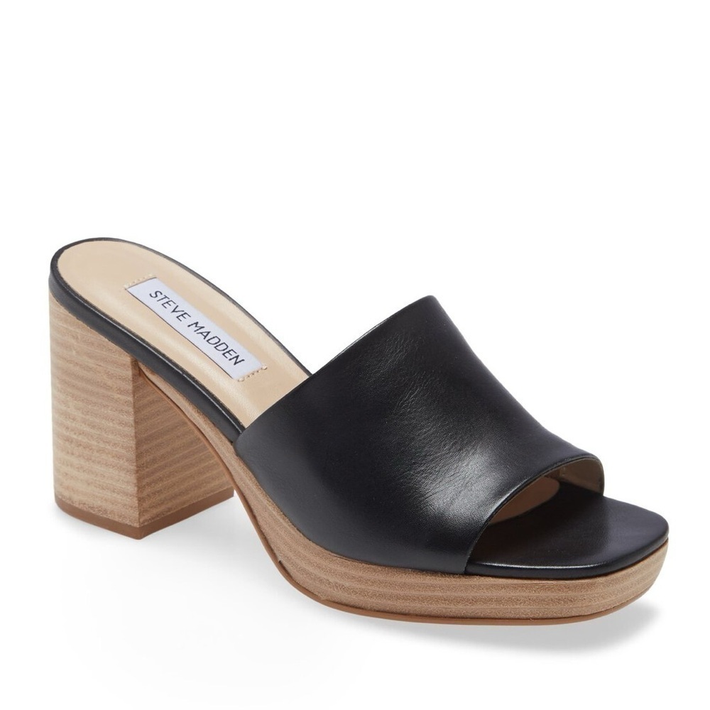 Steve Madden Elda Sandal Platform Block Heel Black Leather Size 10 Chunky Y2K - Picture 2 of 5